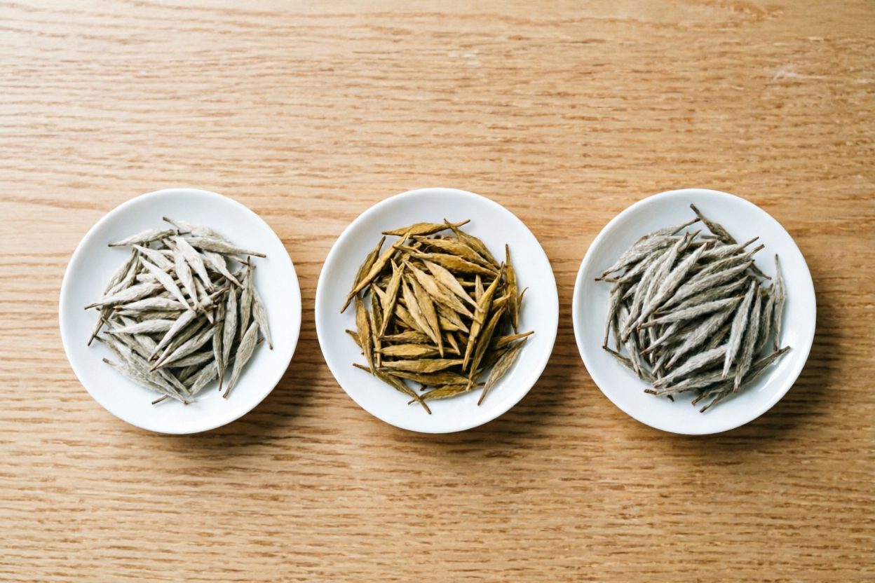 Three white porcelain dishes with Silver Needle buds at different grades