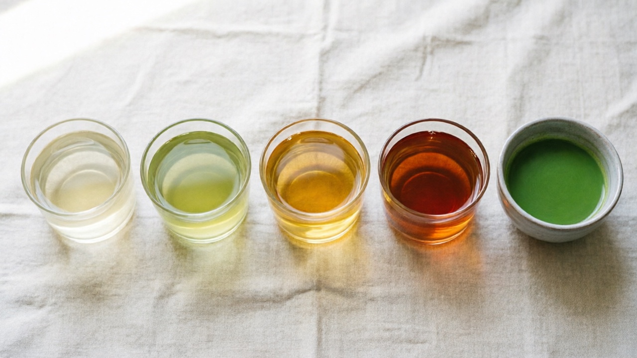 Caffeine spectrum across tea cups in soft natural light