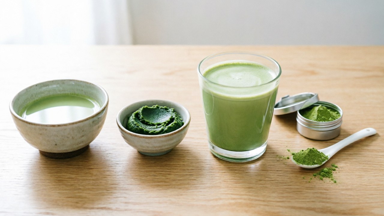 Four matcha forms: usucha, koicha, latte, and culinary scoop