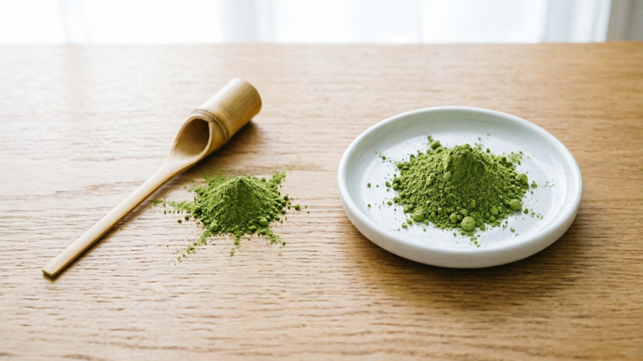 Bamboo matcha scoop and dish of green powder on pale wood