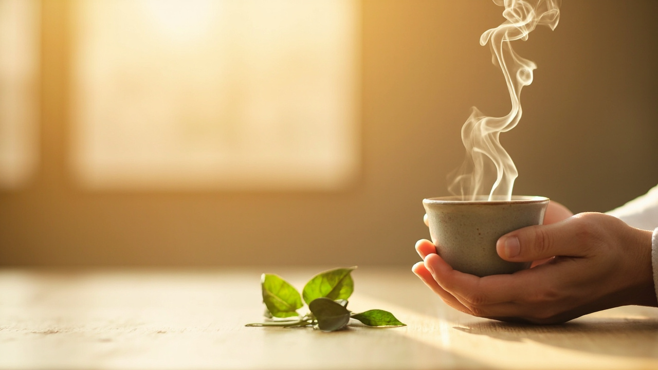 Hands holding a small ceramic tea cup with steam rising in soft natural light