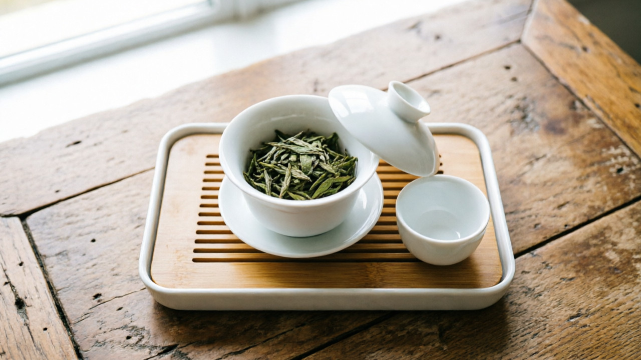 A porcelain gaiwan with loose leaf green tea on a wooden table