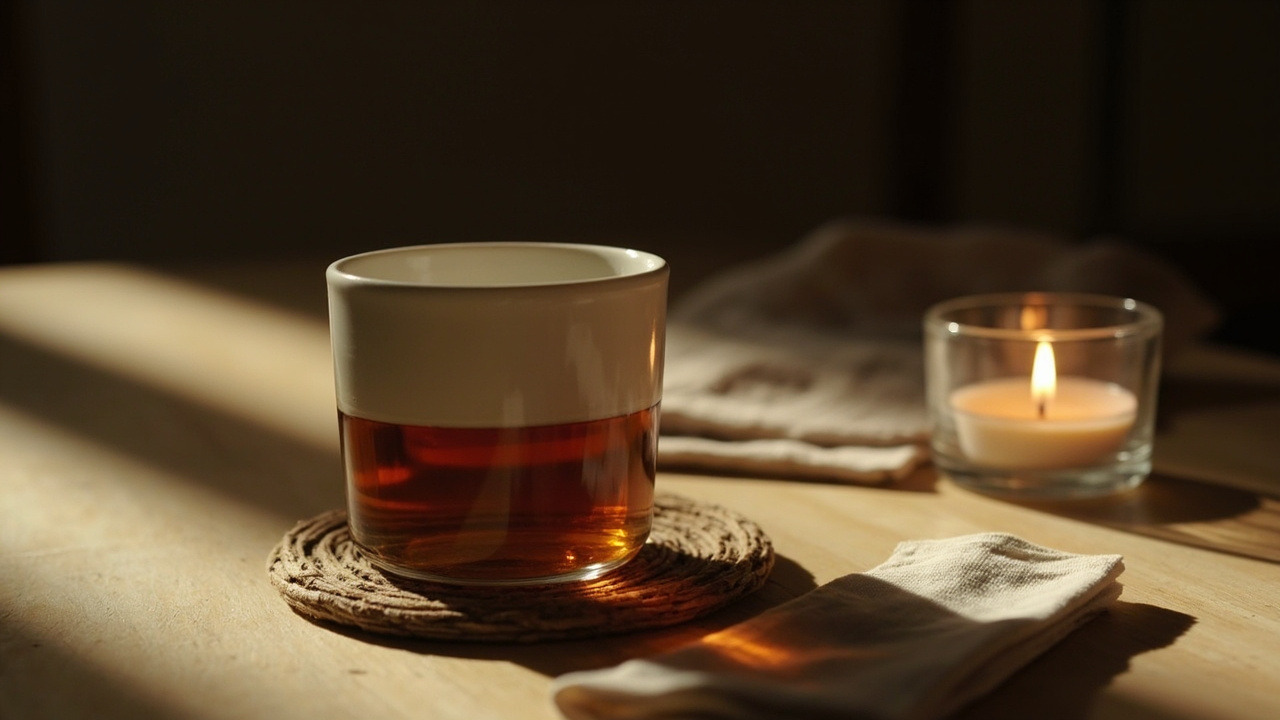 Small cup of herbal tea in a dim, screen-free evening setting